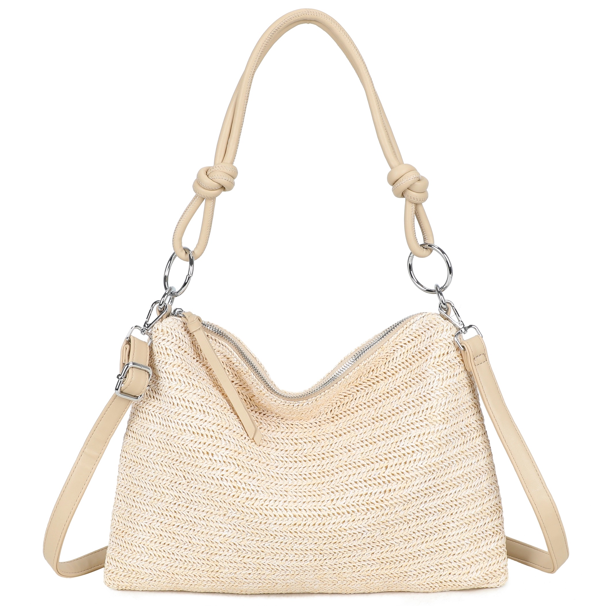 Natural Straw Stripe Shoulder Bag with Knot Handle