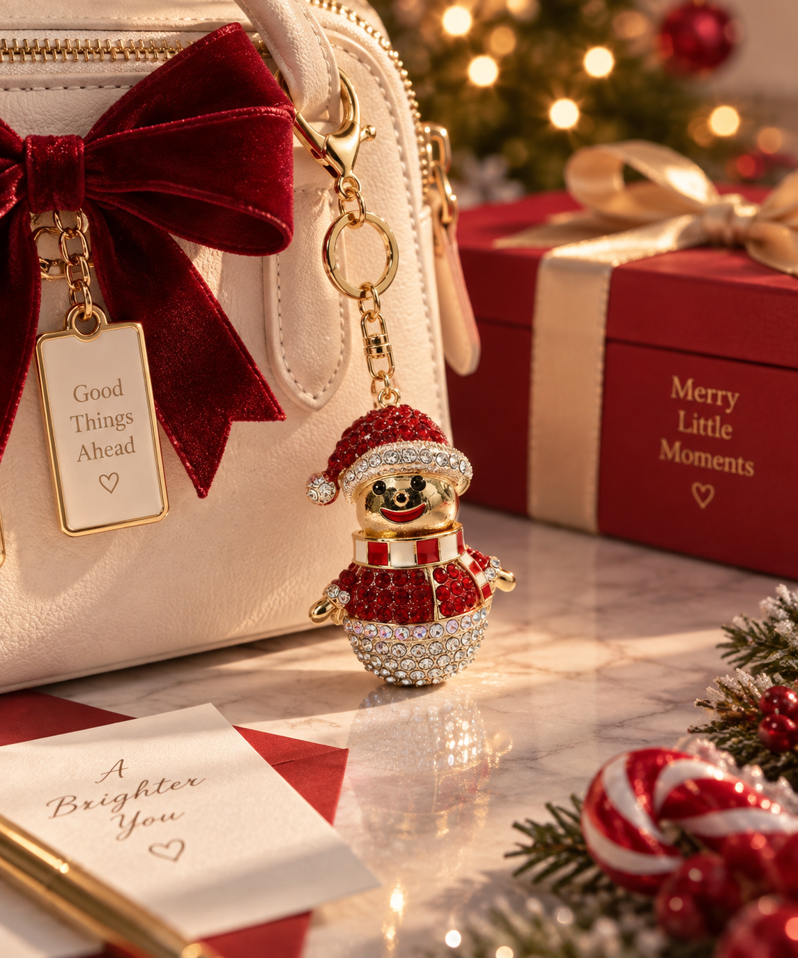 Stripey Scarf Snowman Crystal Keyring & Bag Charm - Image 2