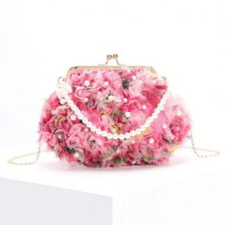 Pink Floral Pearl Clutch Bag with Chain Strap