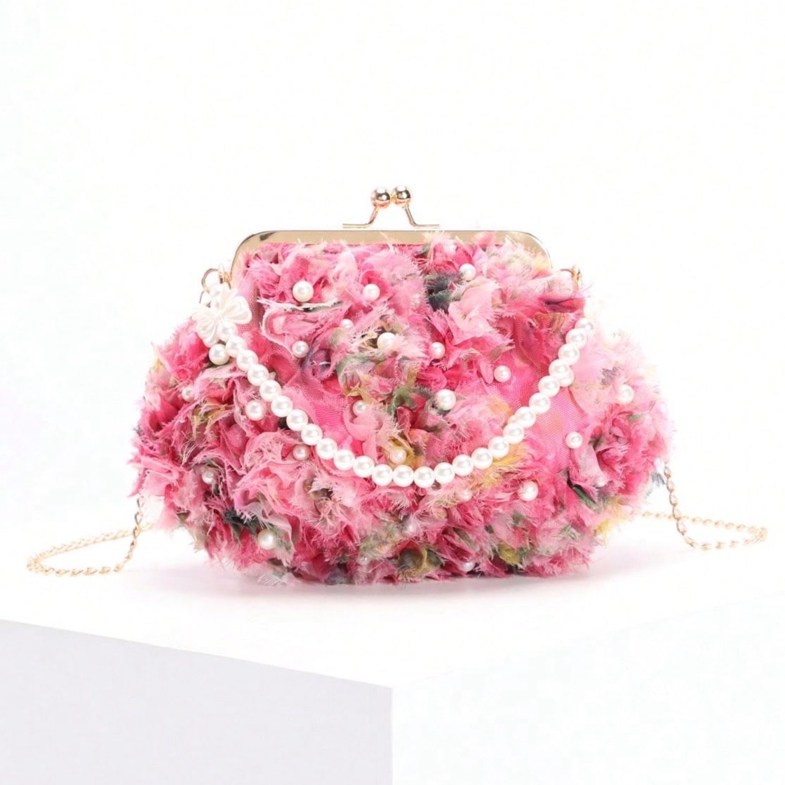 Pink Floral Pearl Clutch Bag with Chain Strap