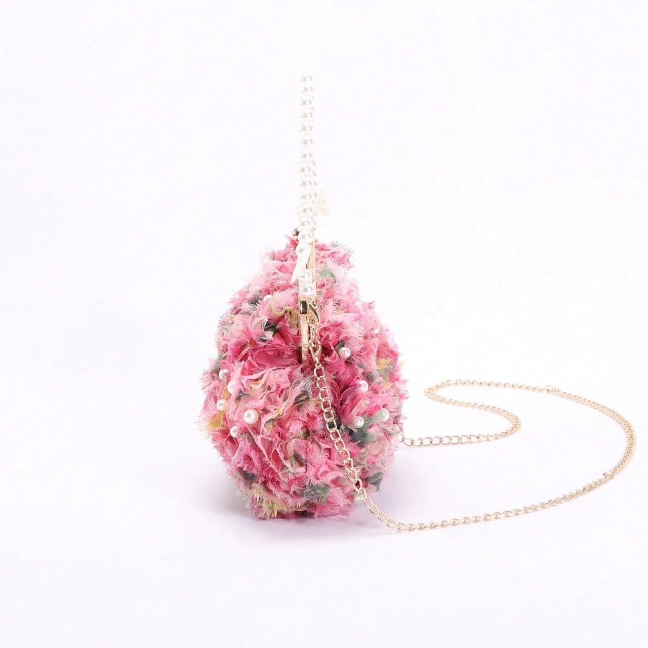 Pink Floral Pearl Clutch Bag with Chain Strap - Image 2