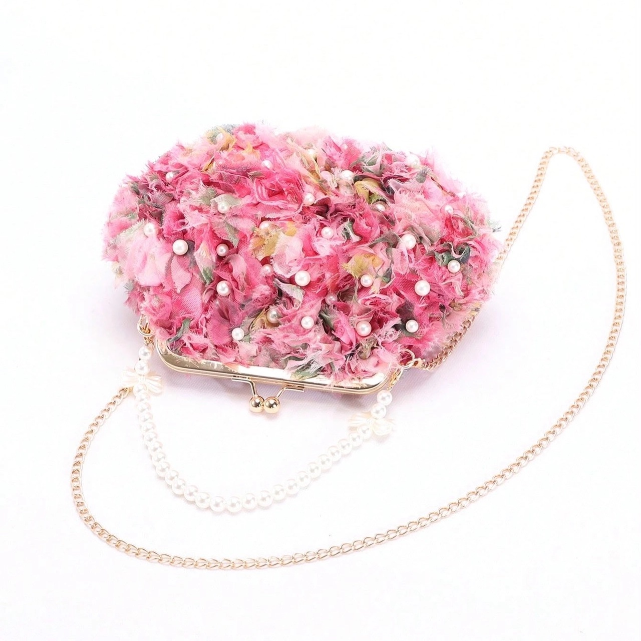 Pink Floral Pearl Clutch Bag with Chain Strap - Image 3
