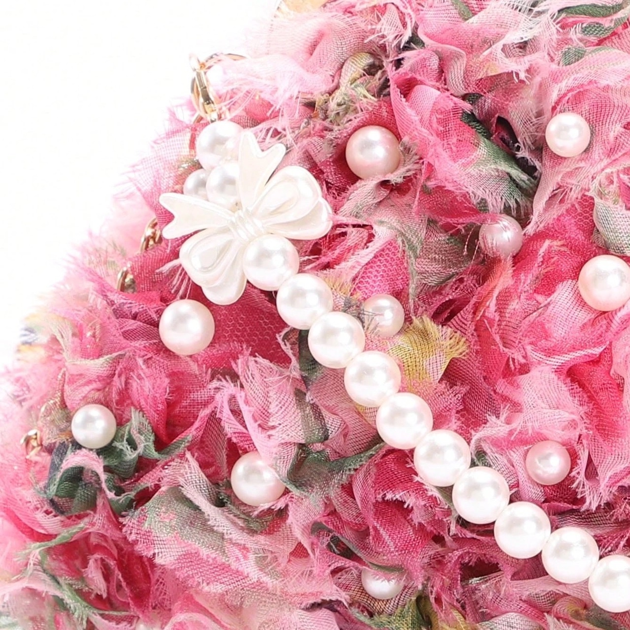 Pink Floral Pearl Clutch Bag with Chain Strap - Image 4
